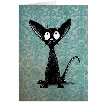 Funny Little Black Cat On Vintage Blue Damask by StrangeStore at Zazzle
