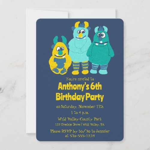 Funny Little Cartoon Monsters Boys Birthday Invitation