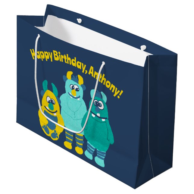 Funny Little Cartoon Monsters Boys Birthday Large Gift Bag (Front Angled)
