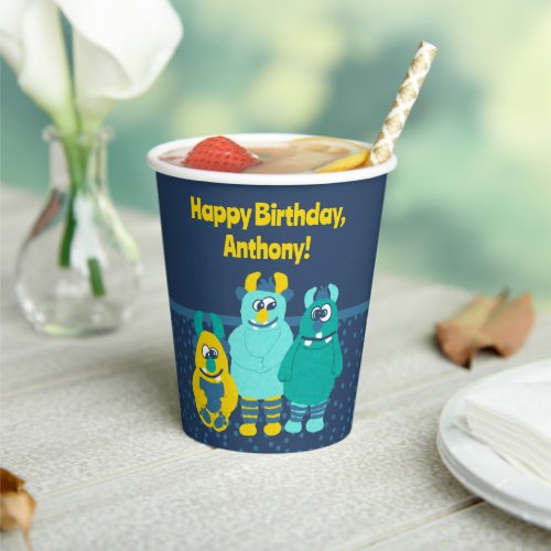 Funny Little Cartoon Monsters Boys Birthday Paper Cups