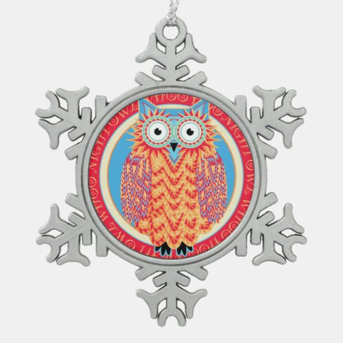 Funny Little Owl Cute and Colorful Christmas Snowflake Pewter Christmas Ornament