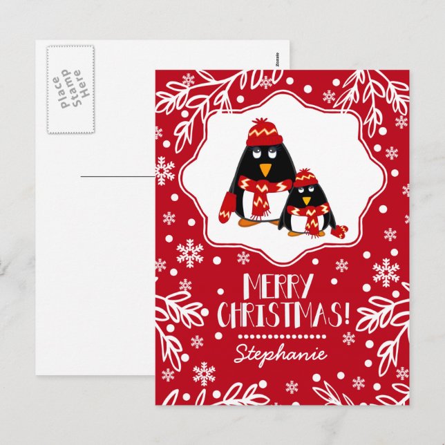  Funny Little Penguins Custom Name Christmas  Holiday Postcard (Front/Back)