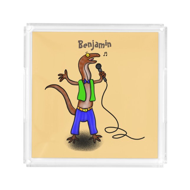 Funny lizard singing with microphone cartoon acrylic tray (Front)