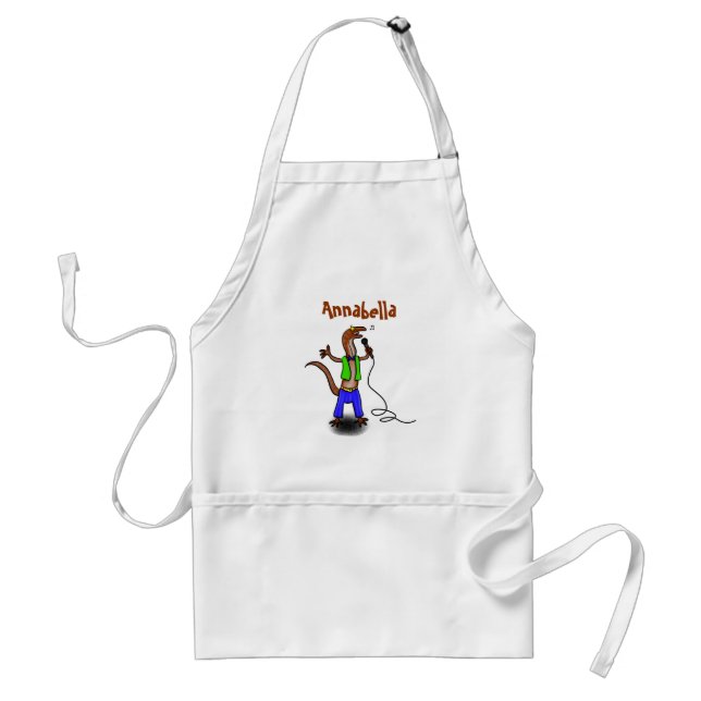 Funny lizard singing with microphone cartoon adult apron (Front)