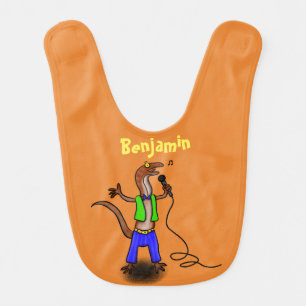 Funny lizard singing with microphone cartoon baby bib