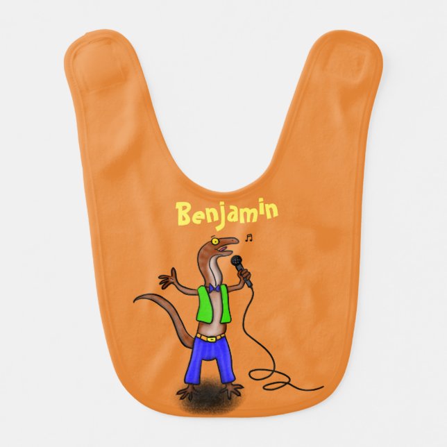 Funny lizard singing with microphone cartoon baby bib (Front)