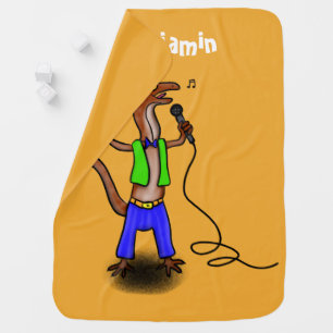Funny lizard singing with microphone cartoon baby blanket