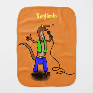 Funny lizard singing with microphone cartoon baby burp cloth