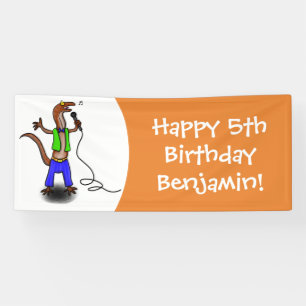 Funny lizard singing with microphone cartoon banner
