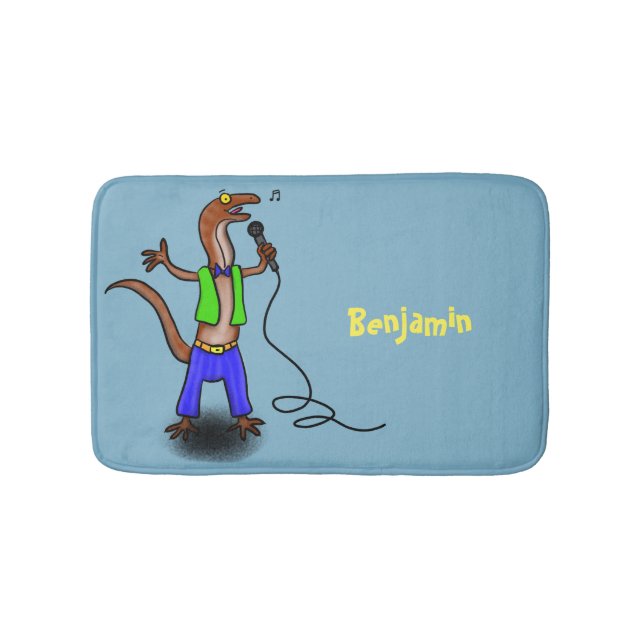 Funny lizard singing with microphone cartoon bath mat (Front)