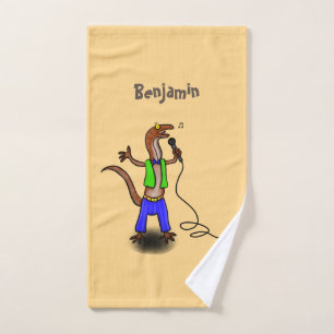Funny lizard singing with microphone cartoon bath towel set
