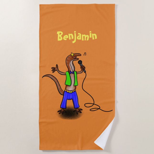 Funny lizard singing with microphone cartoon beach towel (Front)