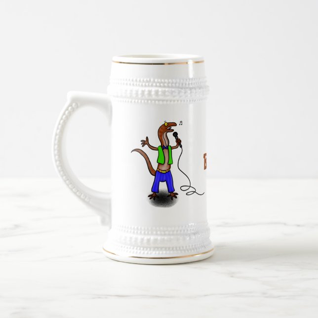Funny lizard singing with microphone cartoon beer stein (Left)
