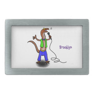 Funny lizard singing with microphone cartoon belt buckle