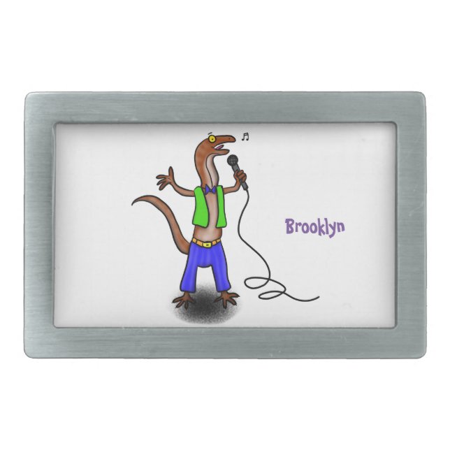 Funny lizard singing with microphone cartoon belt buckle (Front)