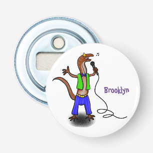 Funny lizard singing with microphone cartoon bottle opener