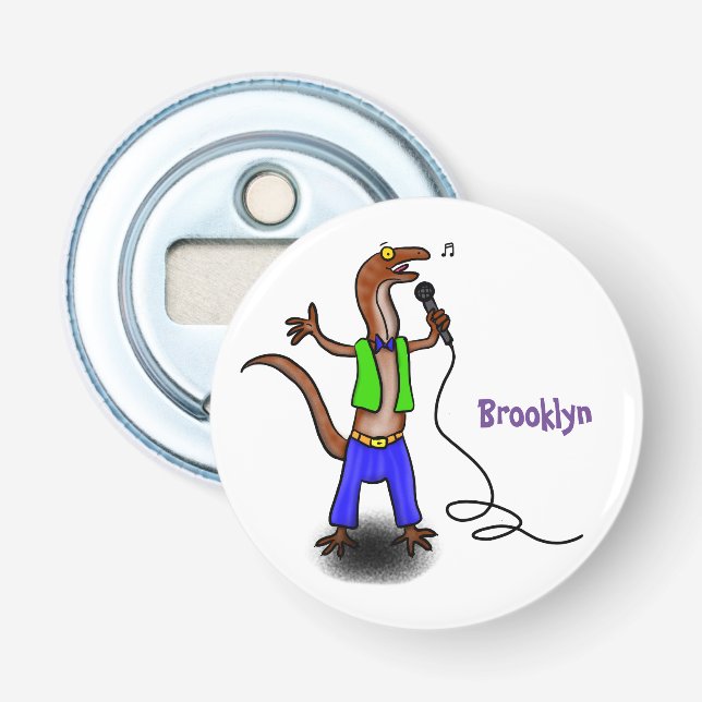 Funny lizard singing with microphone cartoon bottle opener (Front)