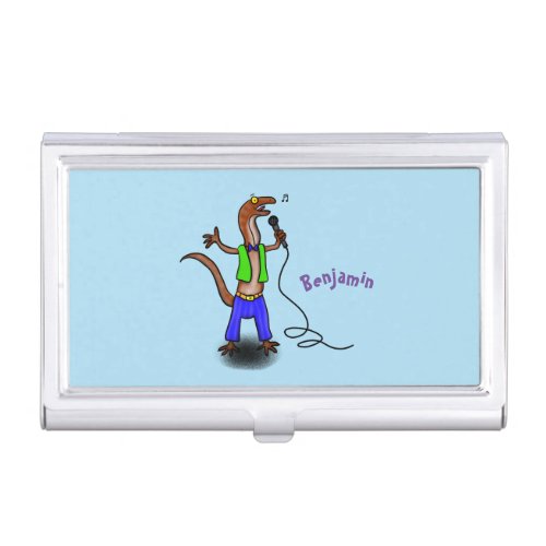 Funny lizard singing with microphone cartoon business card case