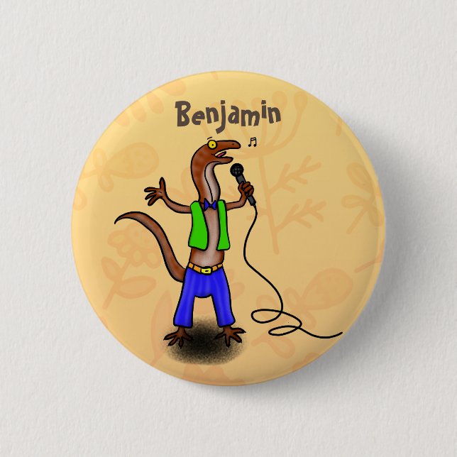 Funny lizard singing with microphone cartoon button (Front)