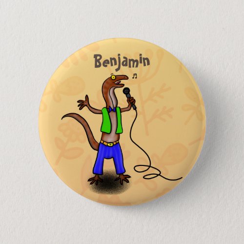 Funny lizard singing with microphone cartoon button
