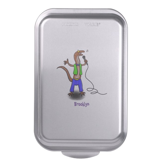 Funny lizard singing with microphone cartoon cake pan (Front Vertical)