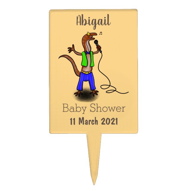 Funny lizard singing with microphone cartoon cake topper (Front)