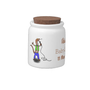 Funny lizard singing with microphone cartoon candy jar