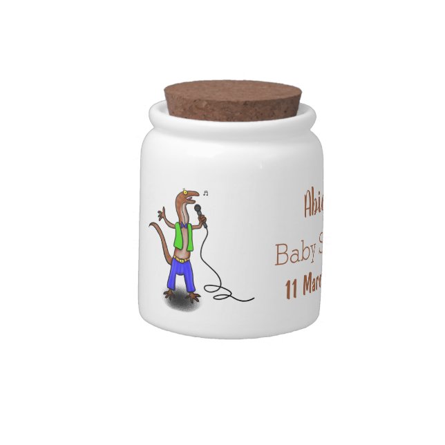 Funny lizard singing with microphone cartoon candy jar (Left)