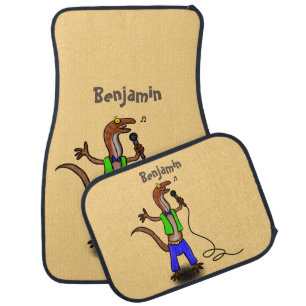 Funny lizard singing with microphone cartoon car floor mat