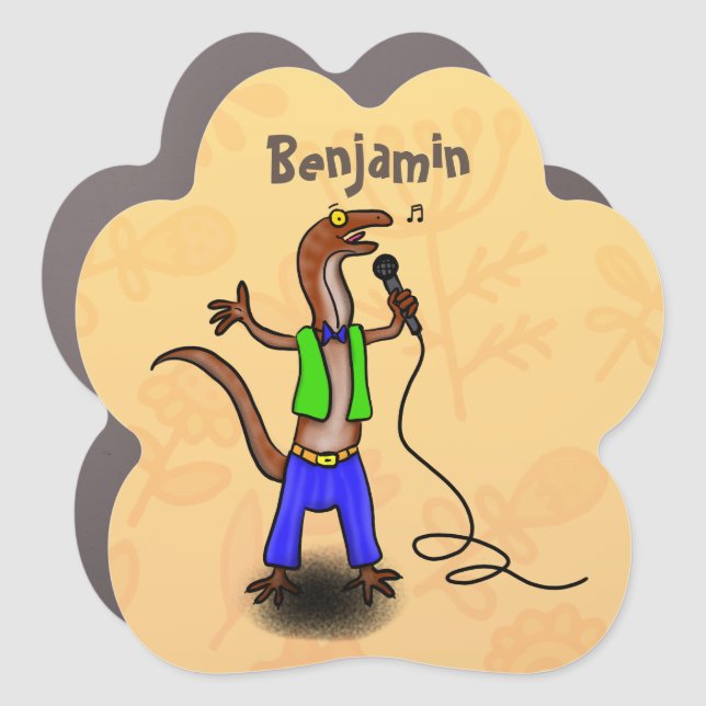 Funny lizard singing with microphone cartoon car magnet (Front)
