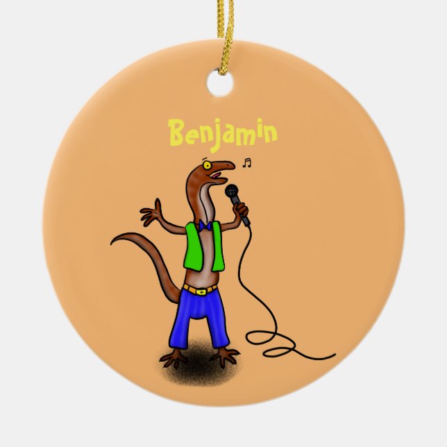 Funny lizard singing with microphone cartoon ceramic ornament (Front)