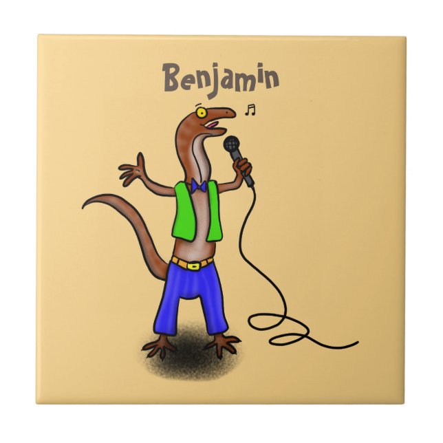 Funny lizard singing with microphone cartoon ceramic tile (Front)