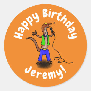 Funny lizard singing with microphone cartoon classic round sticker