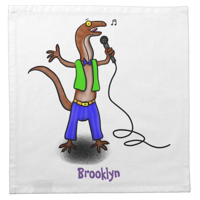 Funny lizard singing with microphone cartoon cloth napkin (Front)