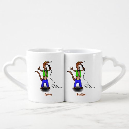 Funny lizard singing with microphone cartoon coffee mug set