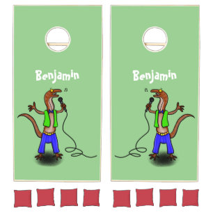 Funny lizard singing with microphone cartoon cornhole set