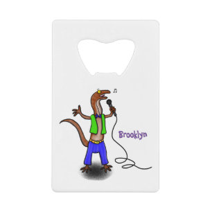 Funny lizard singing with microphone cartoon credit card bottle opener