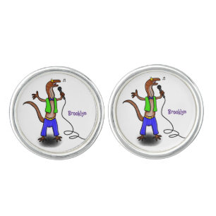 Funny lizard singing with microphone cartoon cufflinks