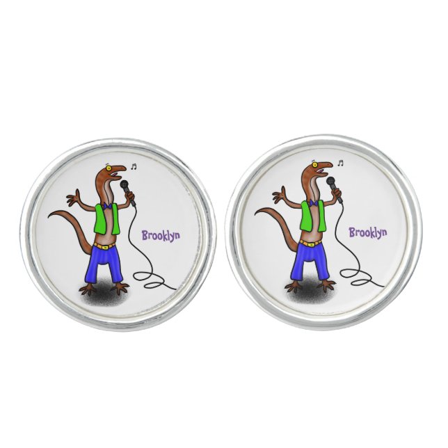 Funny lizard singing with microphone cartoon cufflinks (Front)