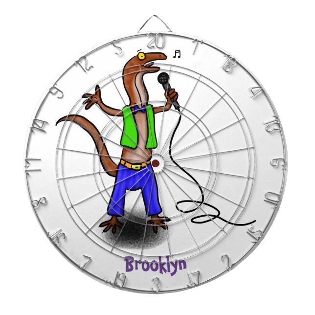 Funny lizard singing with microphone cartoon dart board (Front)