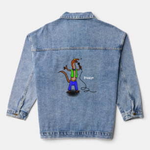 Funny lizard singing with microphone cartoon denim jacket