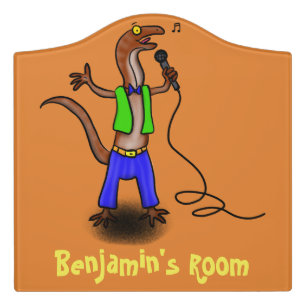 Funny lizard singing with microphone cartoon door sign