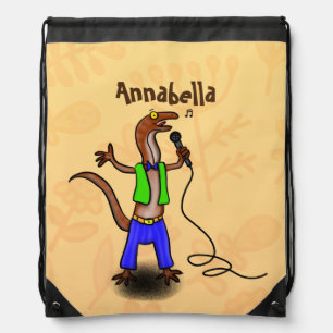Funny lizard singing with microphone cartoon drawstring bag