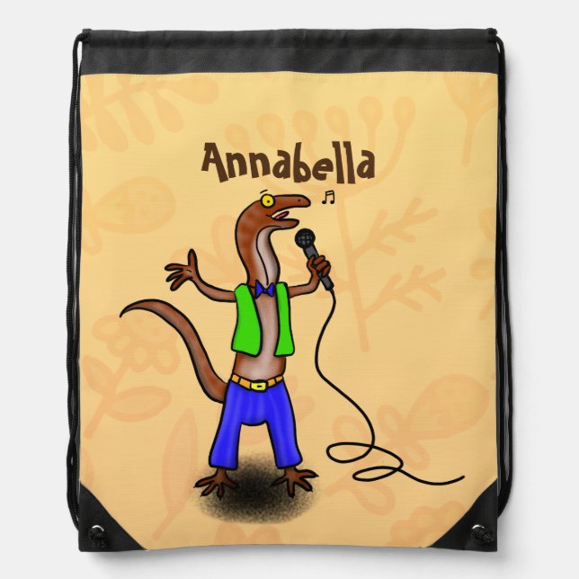 Funny lizard singing with microphone cartoon drawstring bag (Front)