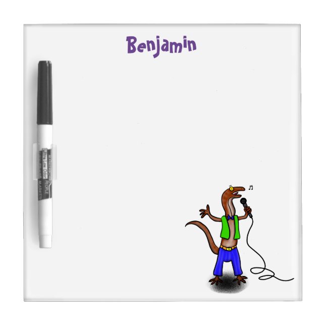 Funny lizard singing with microphone cartoon dry erase board (Front)