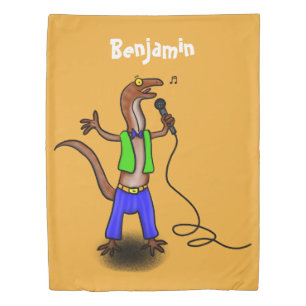 Funny lizard singing with microphone cartoon duvet cover