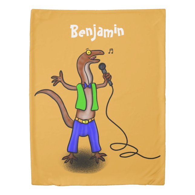 Funny lizard singing with microphone cartoon duvet cover (Front)