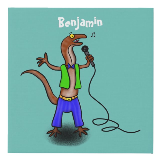 Funny lizard singing with microphone cartoon faux canvas print (Front)