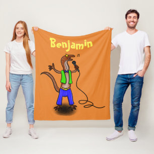 Funny lizard singing with microphone cartoon fleece blanket