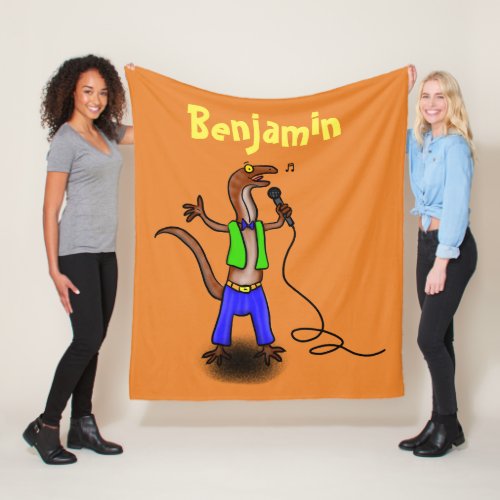 Funny lizard singing with microphone cartoon fleece blanket